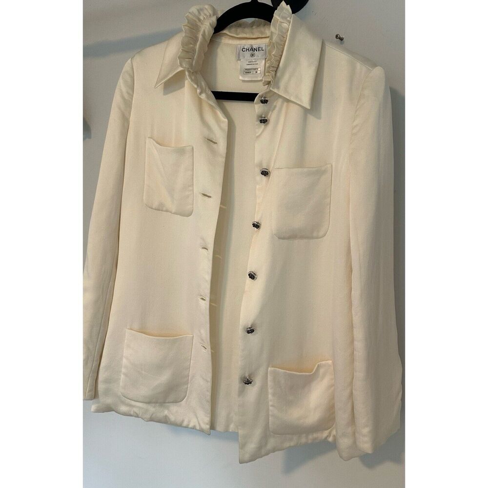 Chanel Silk Ivory Button Down Blouse Jacket With Frill Collar